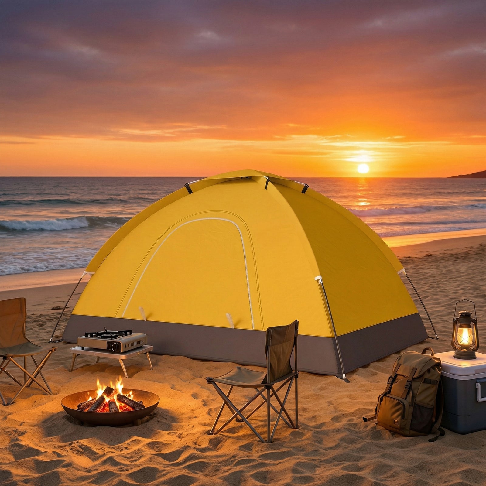 2 Person Camping Tent, Dome Tent With Storage Pocket | Yellow