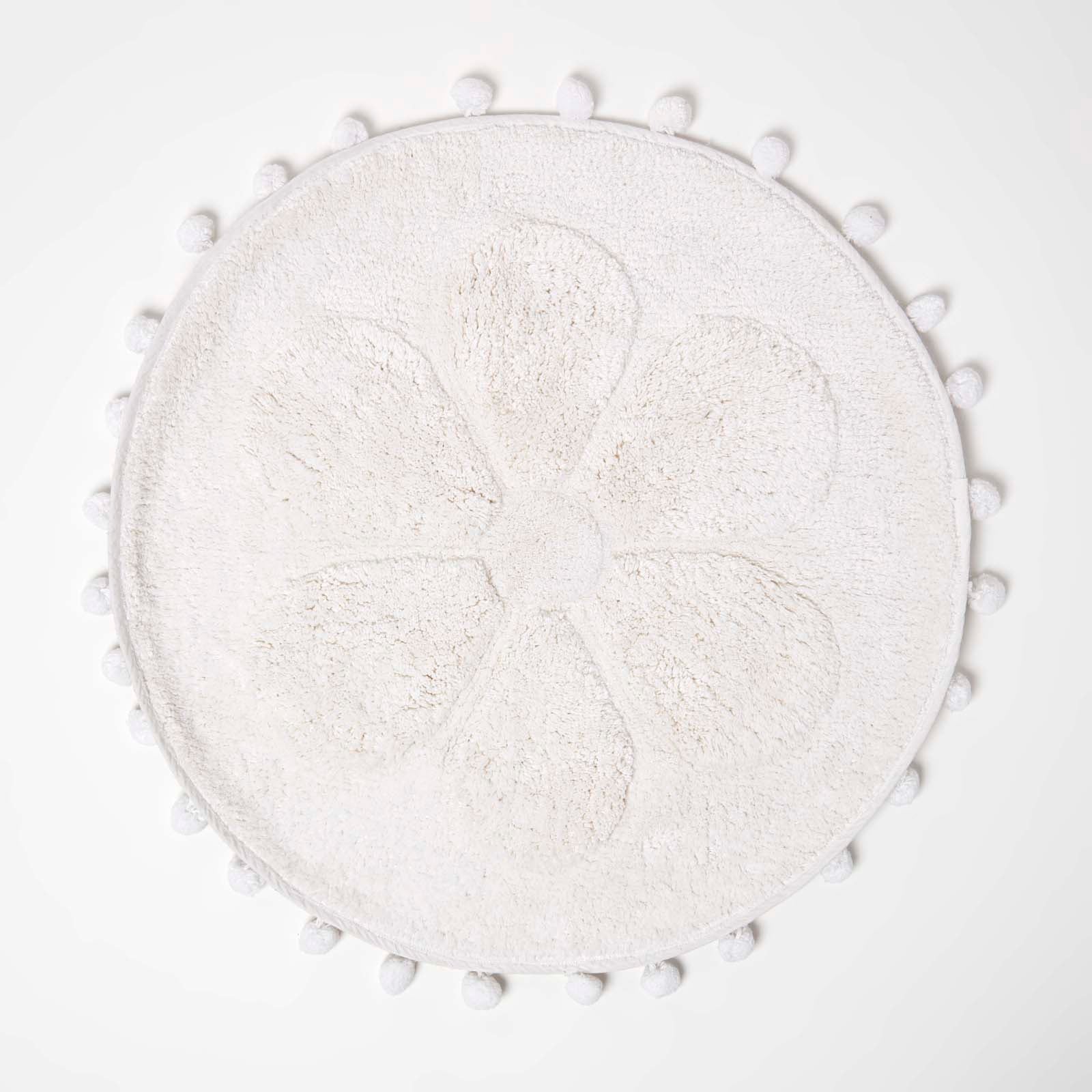 Floral Tufted Round Bathmat With Pom Poms | 60cm | White