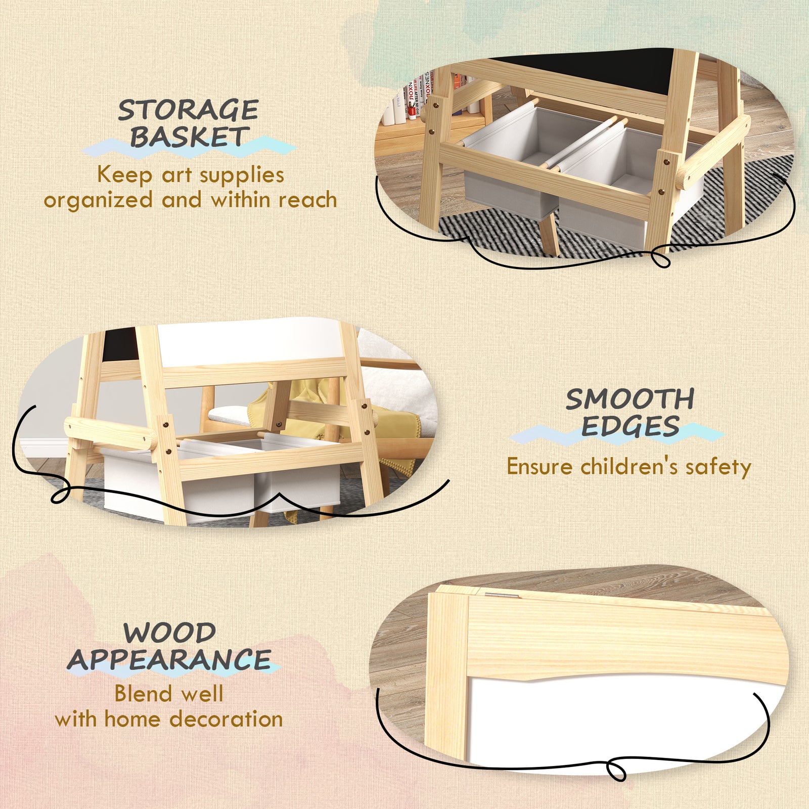 3 In 1 Kids Easel With Paper Roll, Storage Baskets - Natural