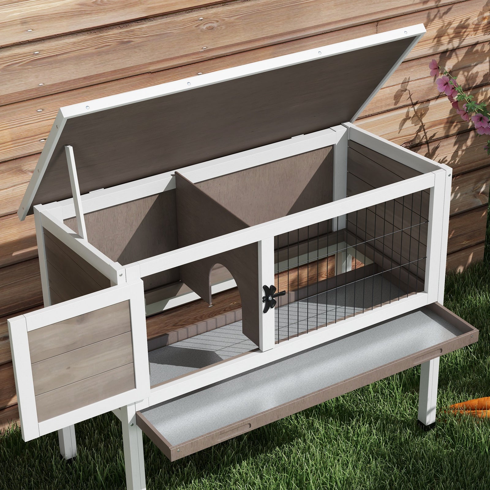 Large Elevated Indoor Outdoor Wooden Rabbit Hutch W/ Asphalt Roof, Tray | Brown