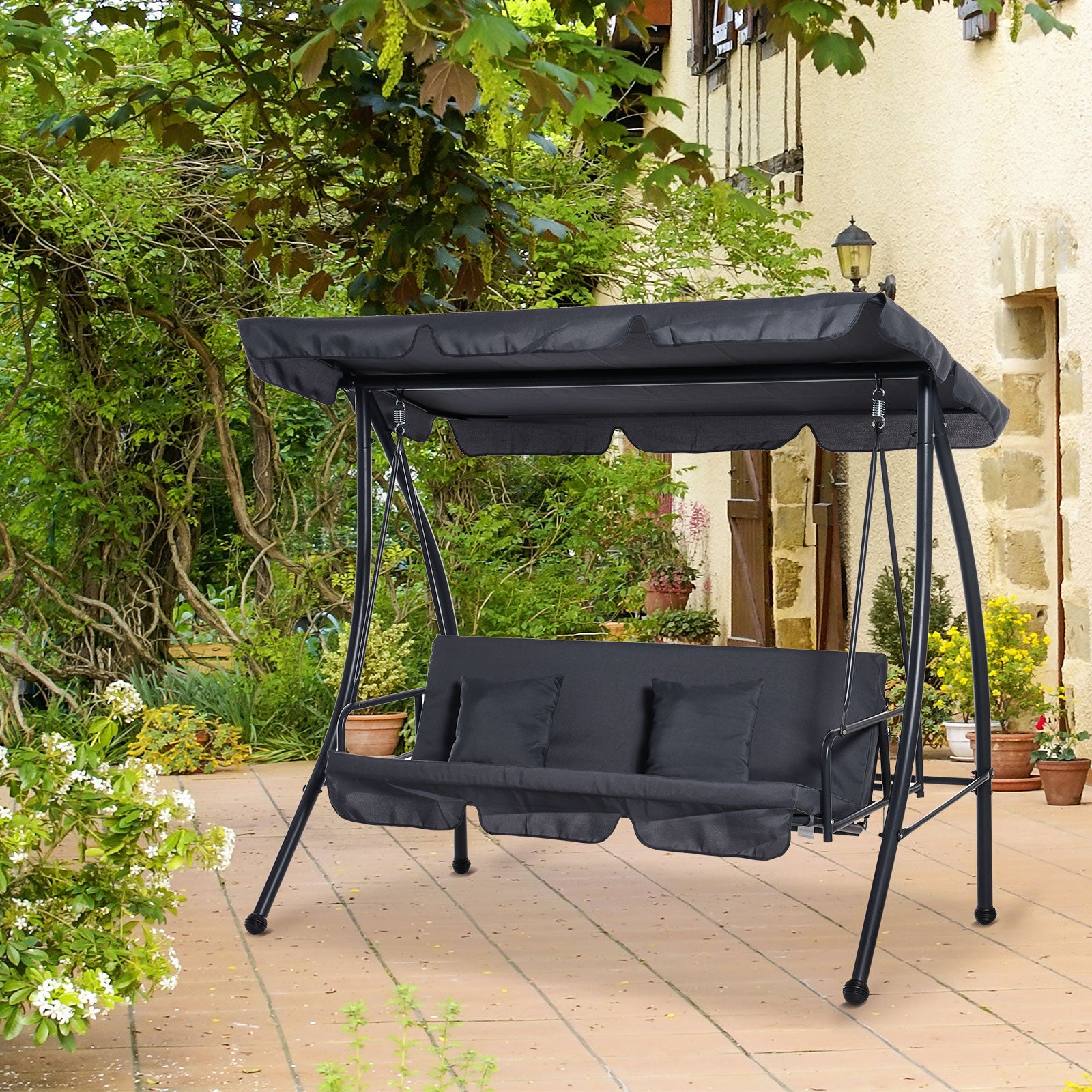 2-in-1 Patio Swing Chair 3 Seater Hammock Cushion Bed Tilt
