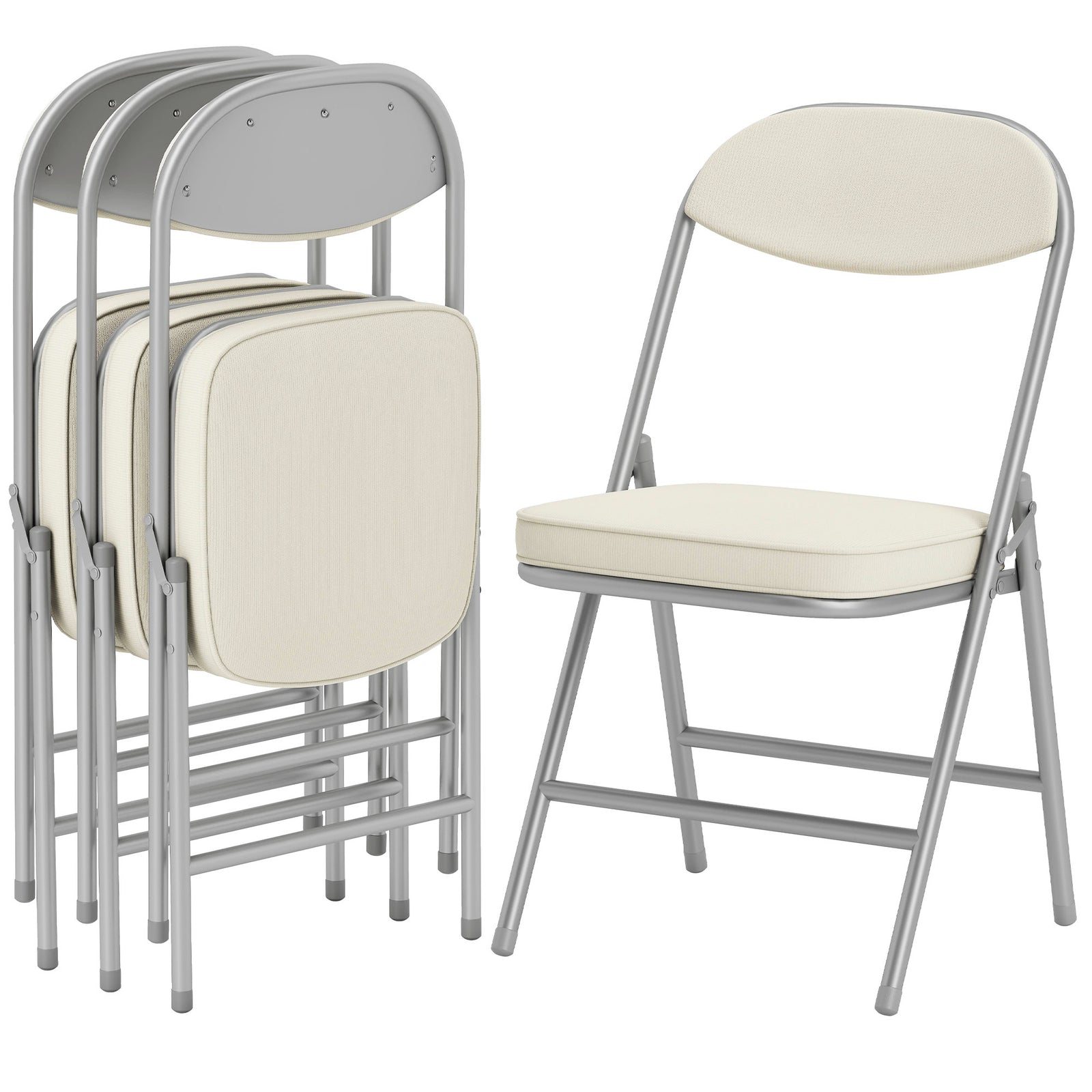 Folding Chairs Set Of 4 With Cushioned Seat, Steel Frame, Cream | Cream