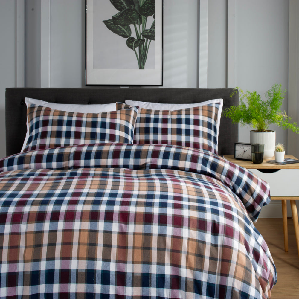 Newbury Check Printed Brushed 100% Cotton Bedlinen Duvet Set | Super King | Tan