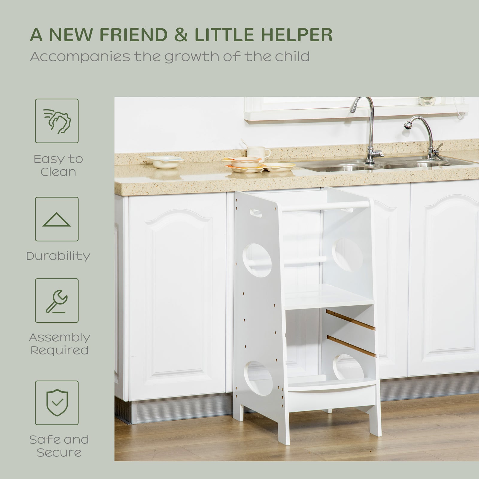Step Stool Toddler Kitchen Stool With Adjustable Standing Platform | White