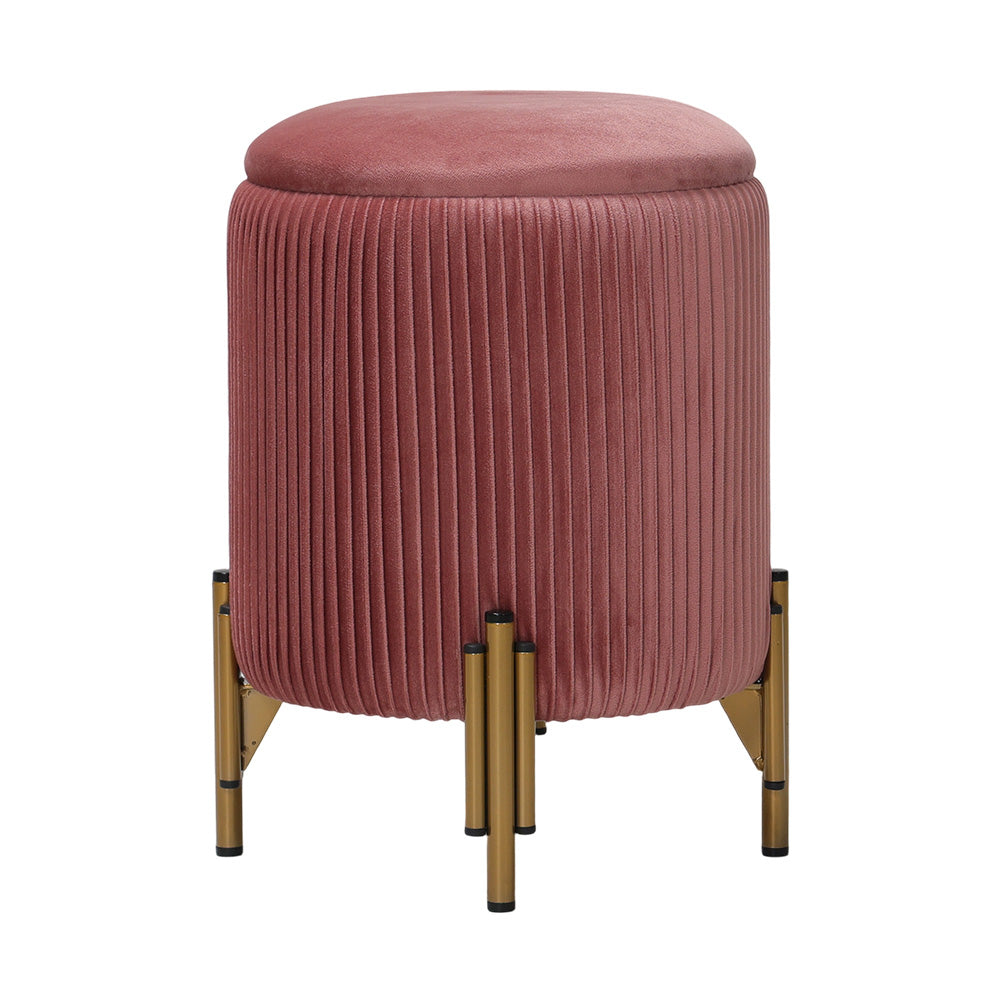 Modern Round Pleated Storage Ottoman With Metal Legs 33cm Dia X 46cm H | Dark Pink