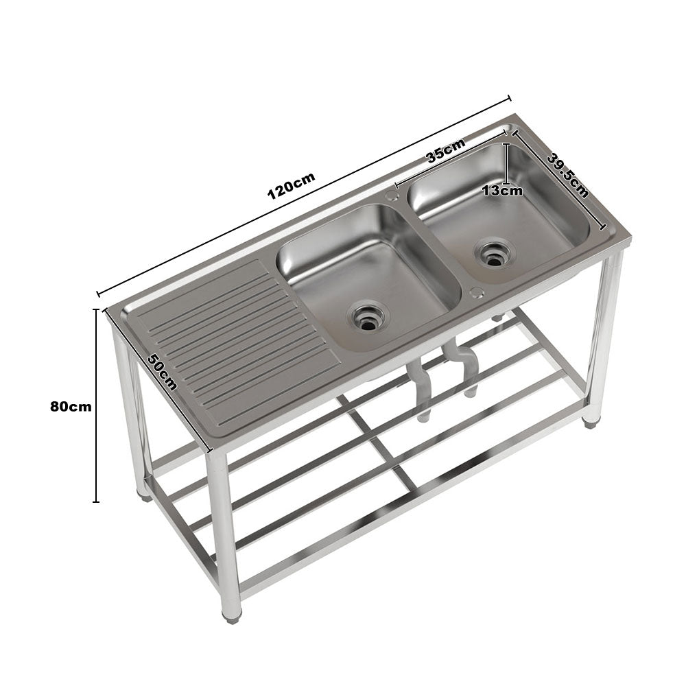 120cm W X 50cm D X 80cm H Stainless Steel 2 Compartments Commercial Sink With Drainboard