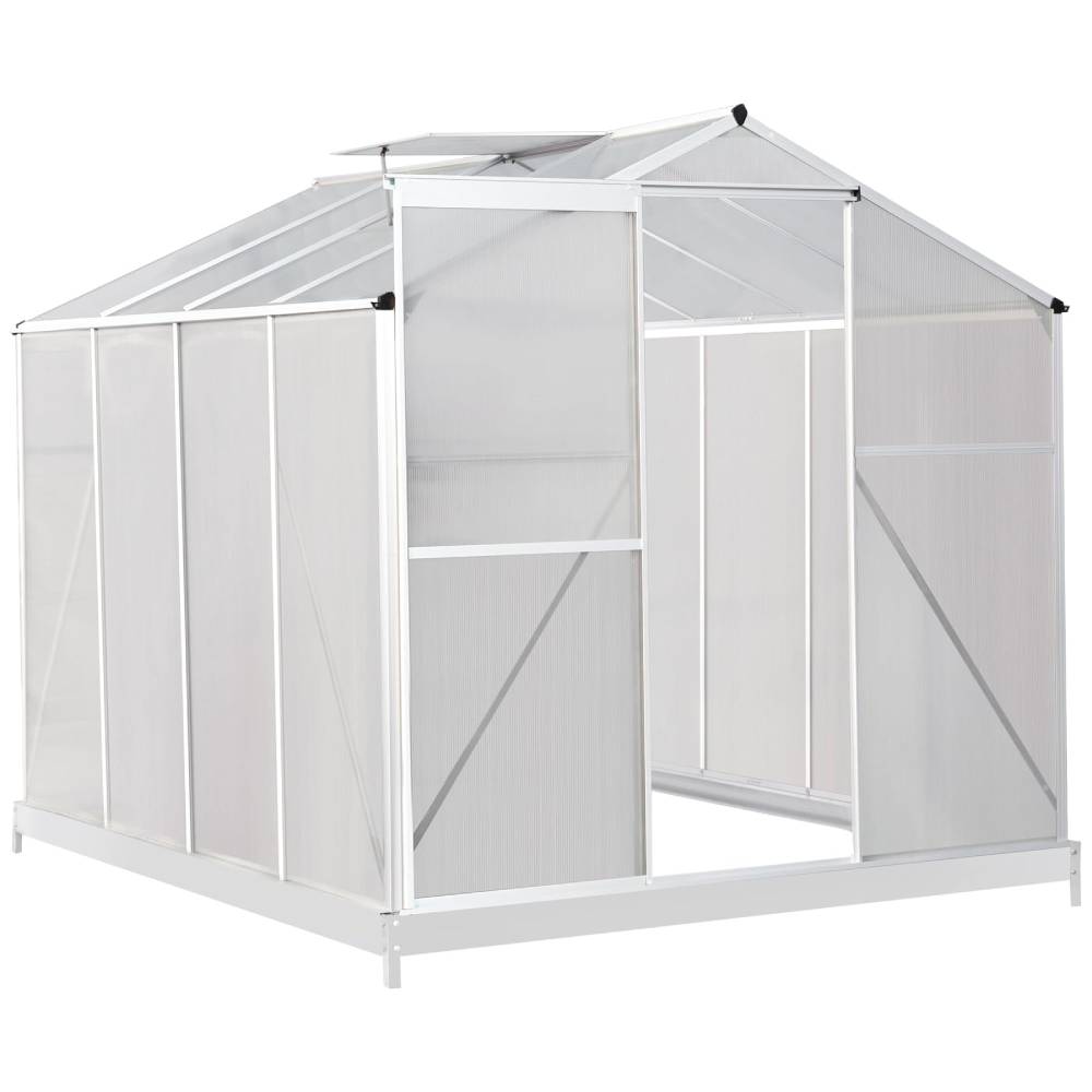 Polycarbonate Greenhouse With Base – Aluminum Frame Walk-in Greenhouse With Sliding Door & 2 Ventilation Window For Plants & Flowers | 10 x 6ft | White
