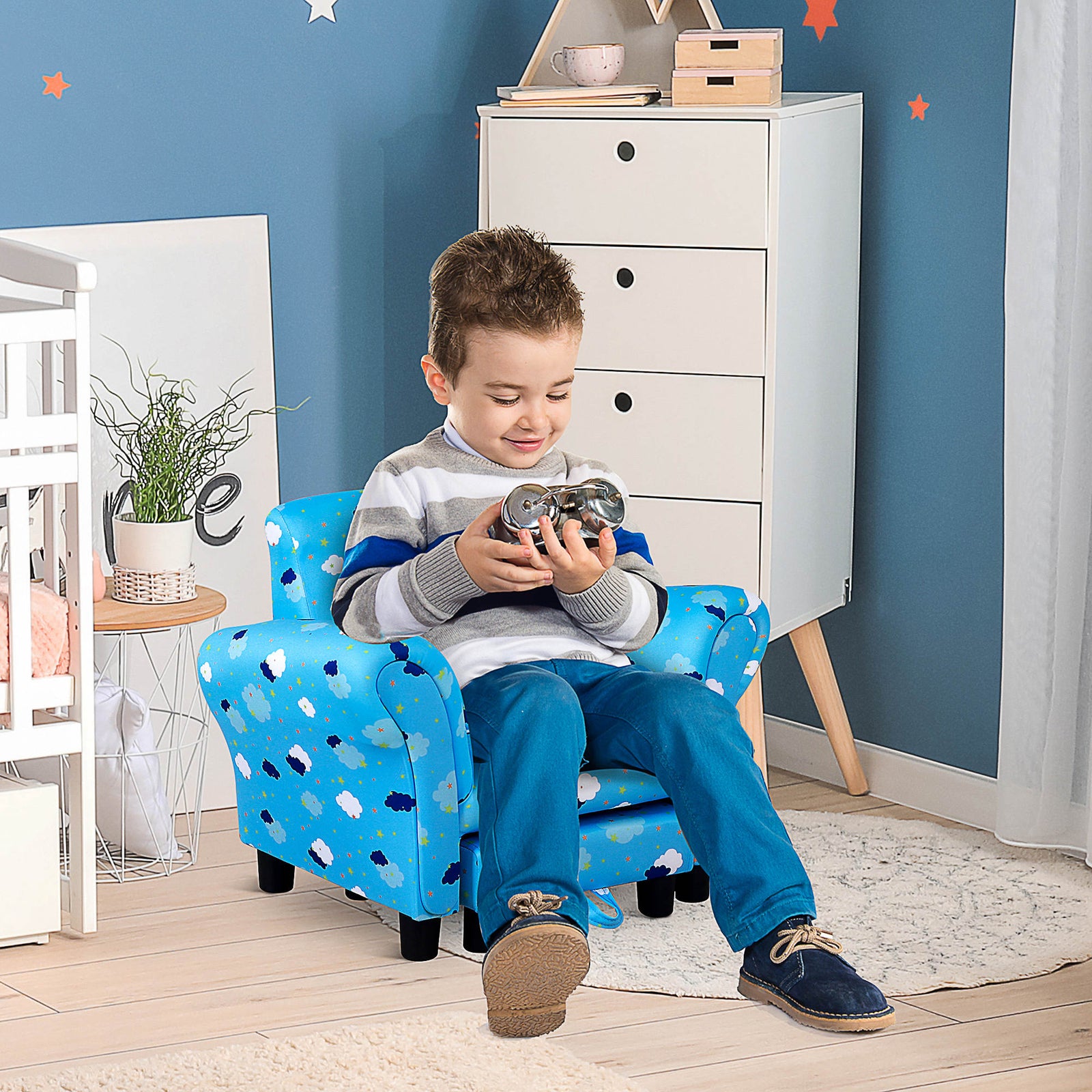 Cute Cloud Star Child Armchair Seat Wood Frame W/ Footrest Padding | Blue