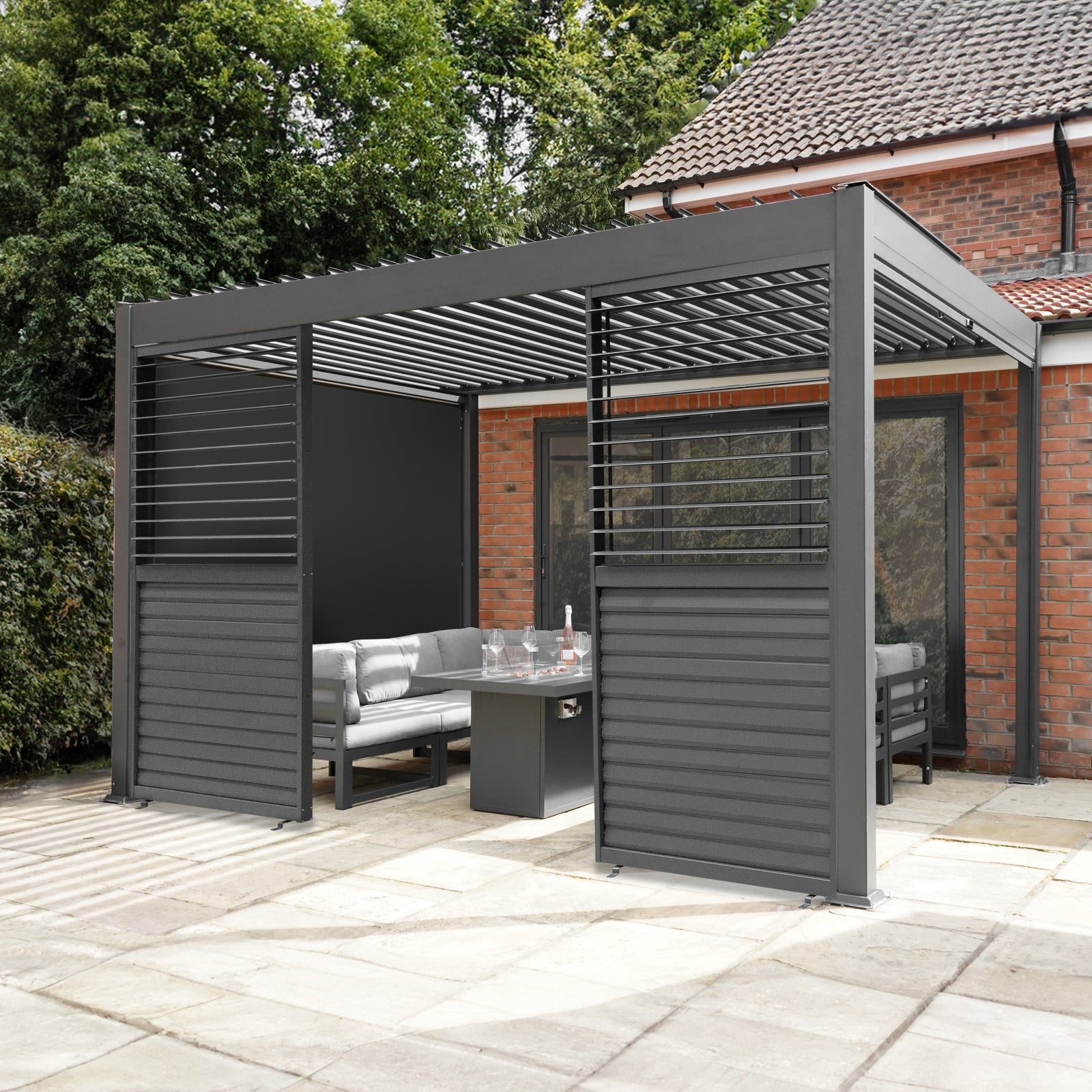 Aluminium Pergola With Anthracite Blinds, 2 X Side Panels & Led Lights | 3m x 4m | Anthracite