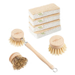 Natural Scourer Sponges & Long-handled Bamboo Washing Up Brush Set