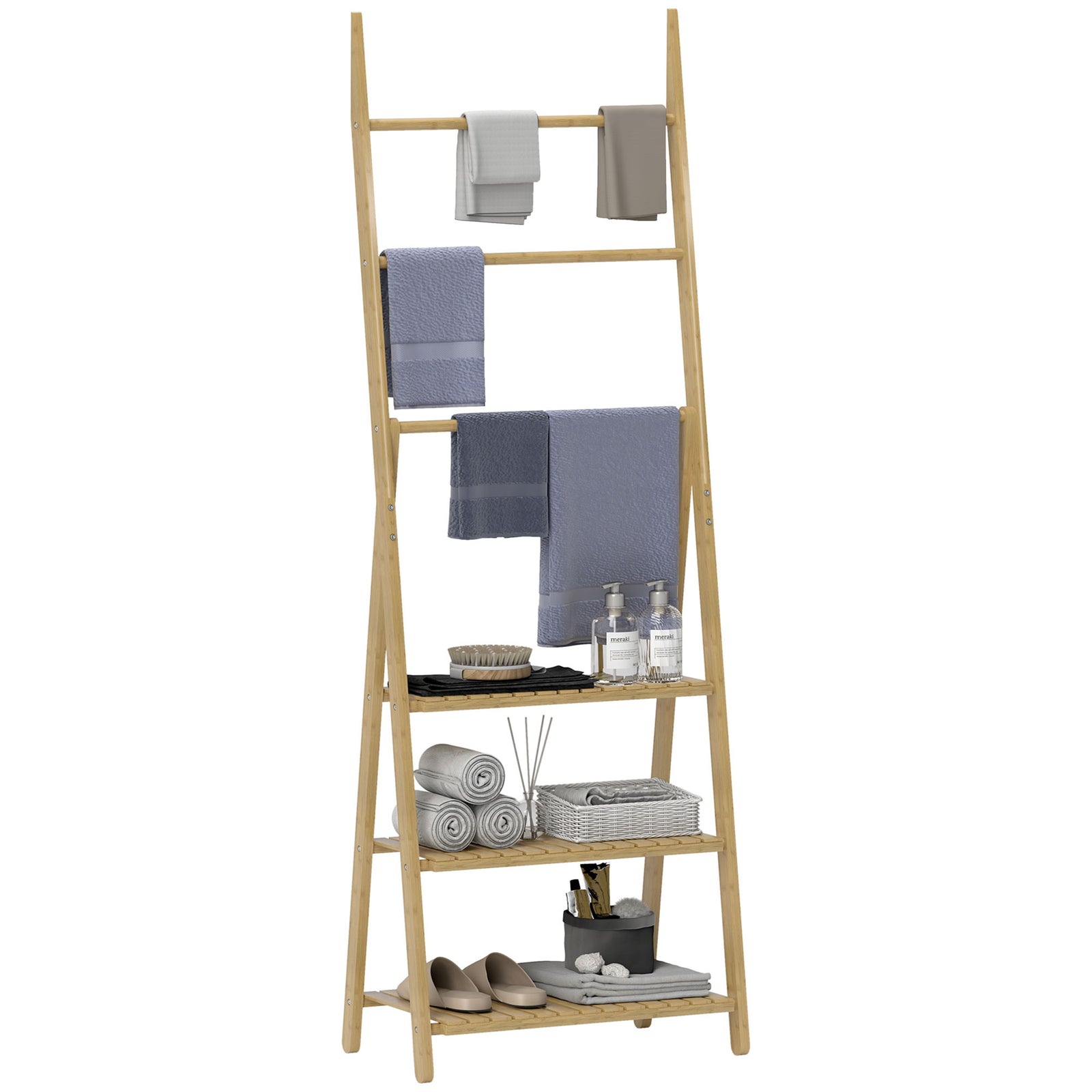 3-tier Folding Bamboo Bathroom Storage Shelving Towel Bars