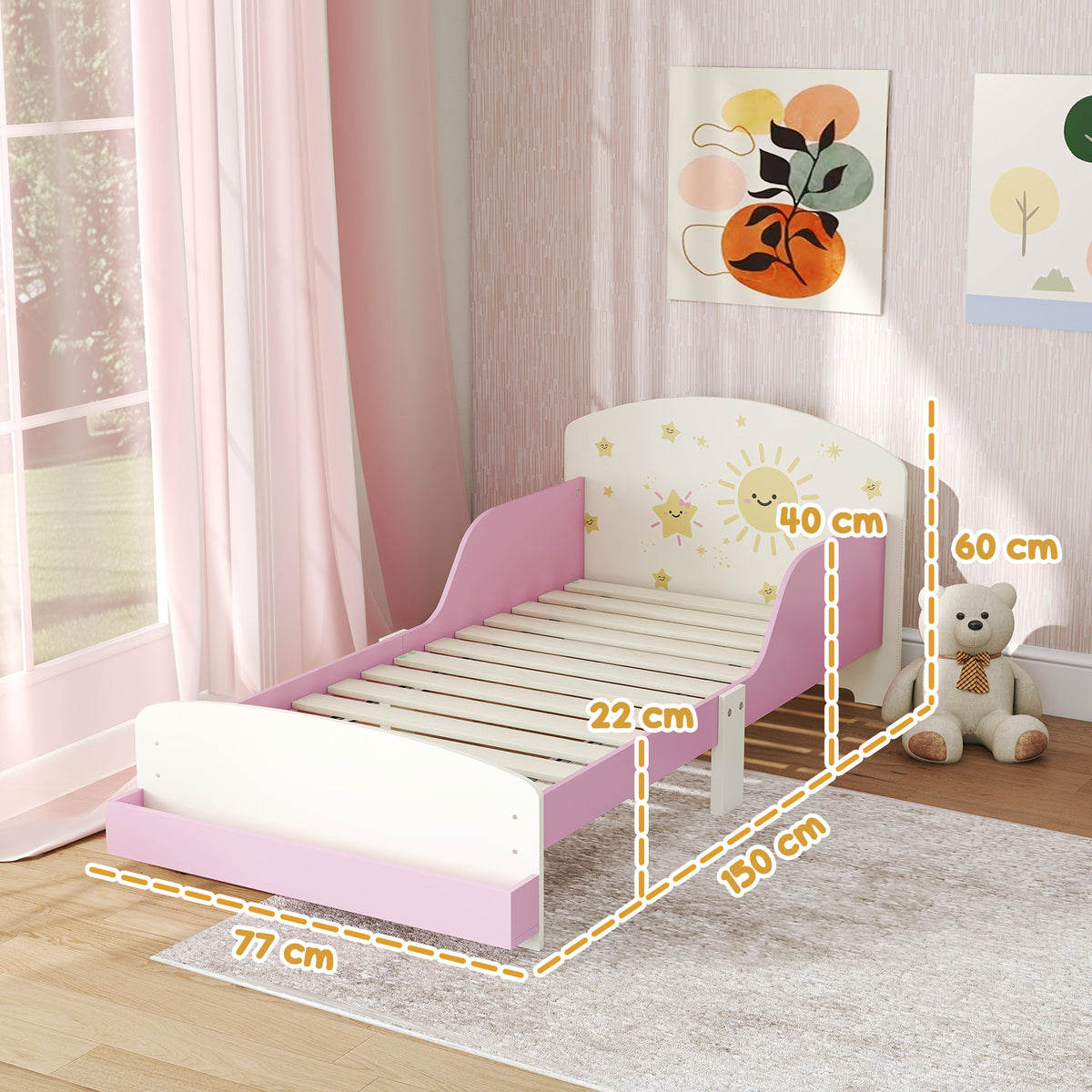 Toddler Bed, Sun-themed Kids Bed Frame With Storage | Pink