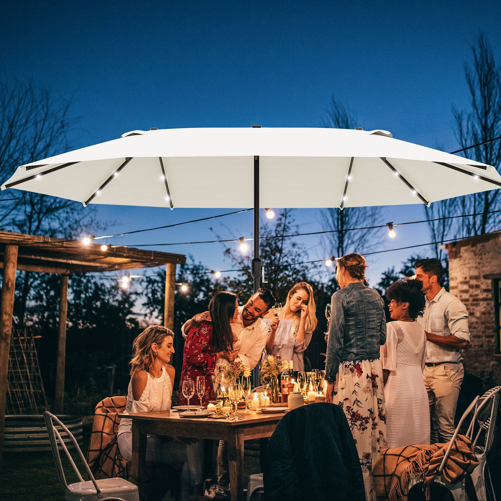 4.4m Double-sided Patio Parasol W/ Led Solar Lights | Cream
