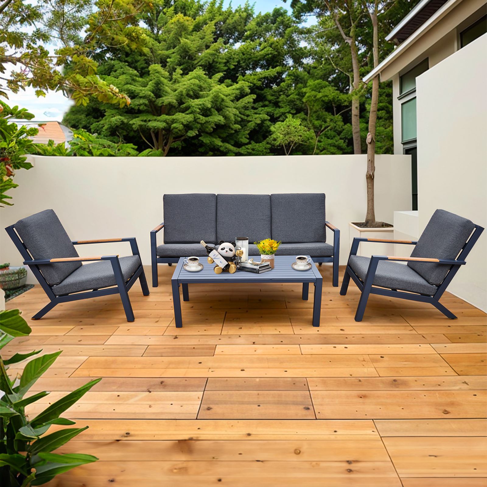 Malibu Aluminium 5 Seat Lounge Set In Grey With Olefin Cushions & Syn-teak Arms | Grey