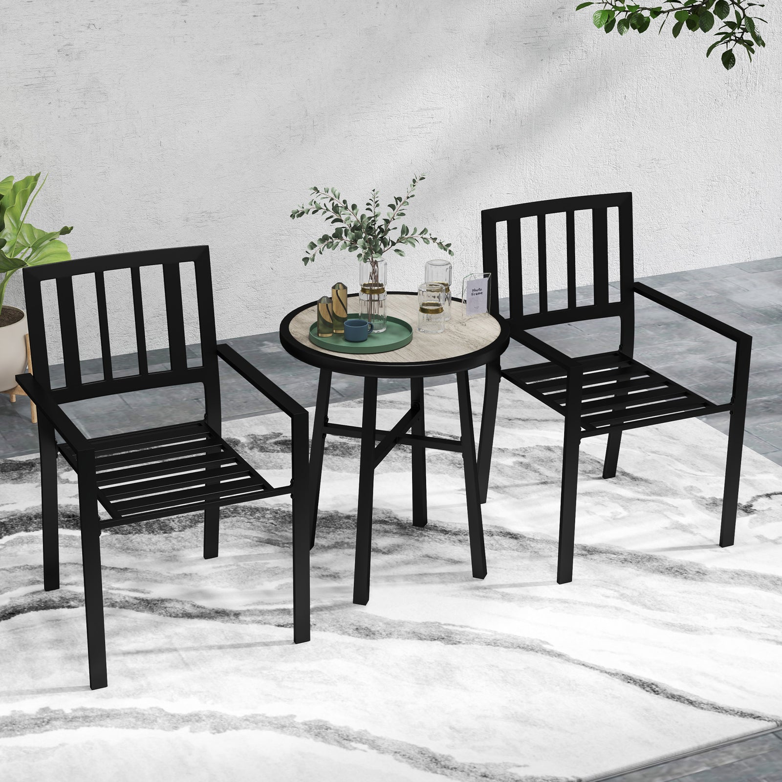 Outsunny 3 Piece Patio Bistro Set W/ Plastic Top, 2 Stackable Chairs