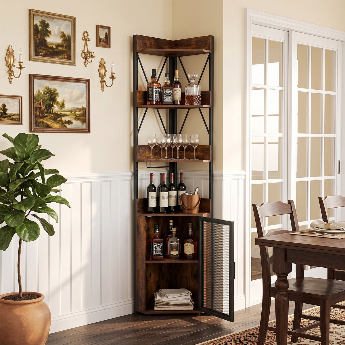 Living and Home Freestanding Tall Corner Wine Rack Bar Cabinet With Glass Holder