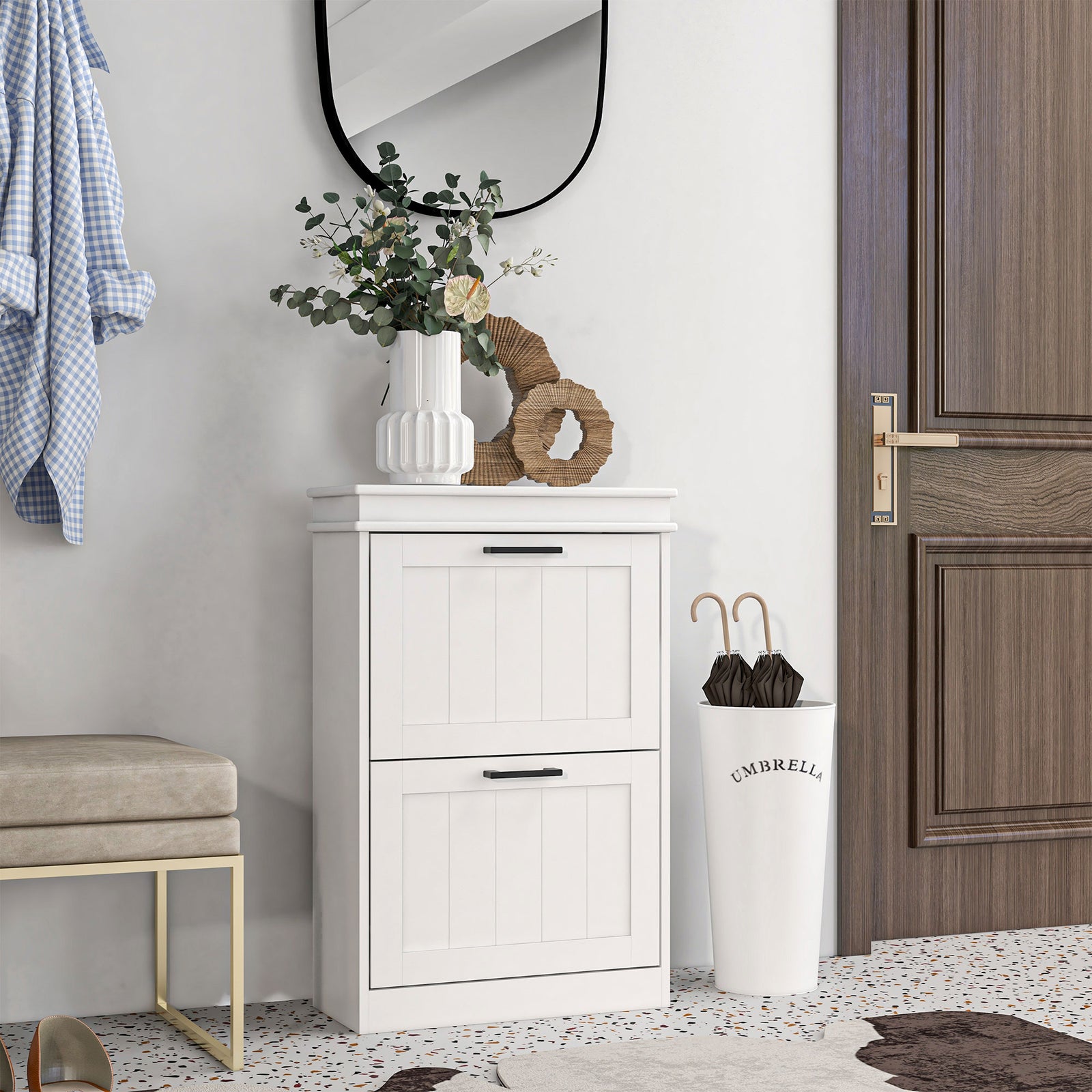 Slim Shoe Storage Cabinet With 2/3 Flip Drawers For Entryway | Medium | White