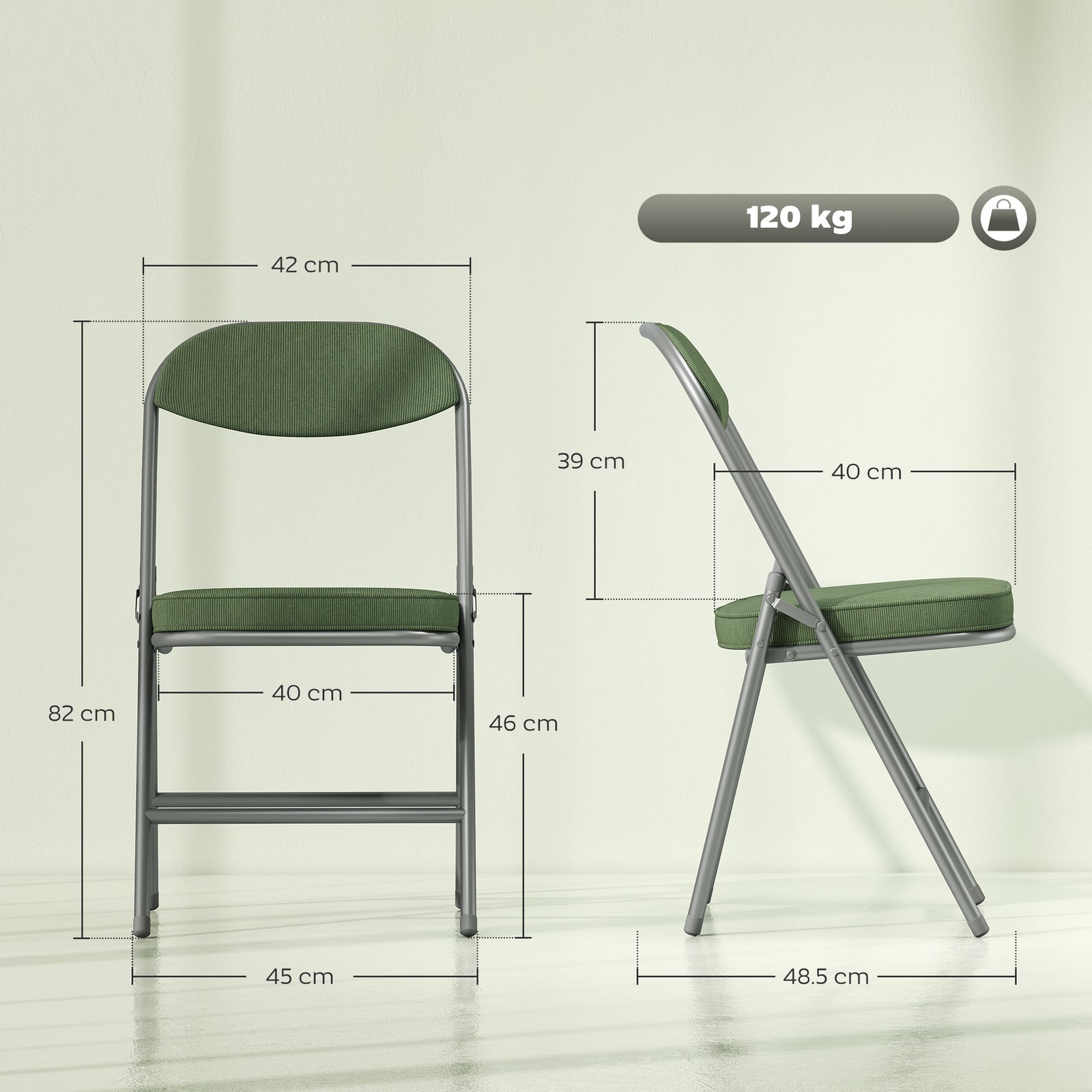 Folding Chairs Set Of 4 With Cushioned Seat, Steel Frame | Green