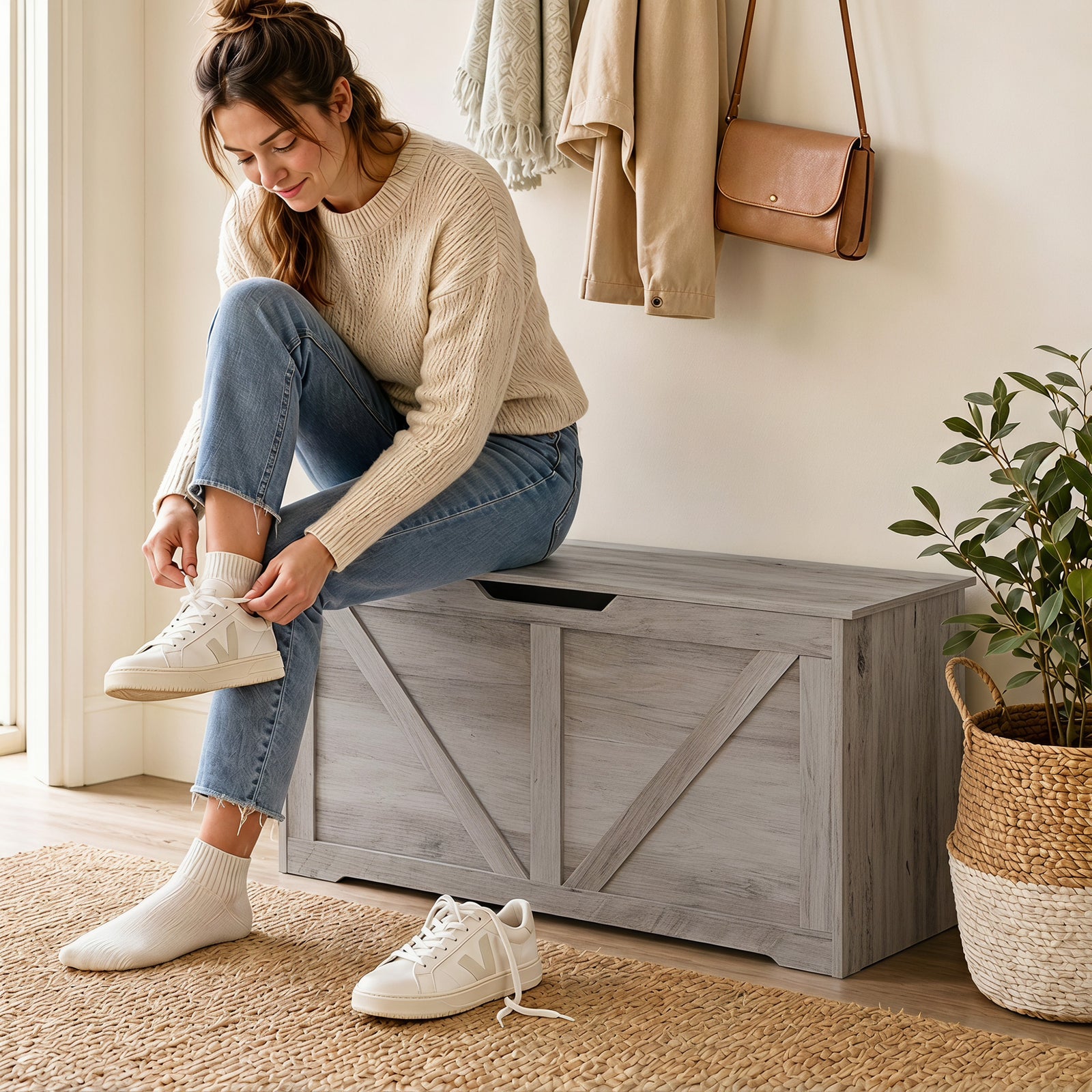 Storage Trunk For Living Room, With Safety Hinges, 100cm | Grey
