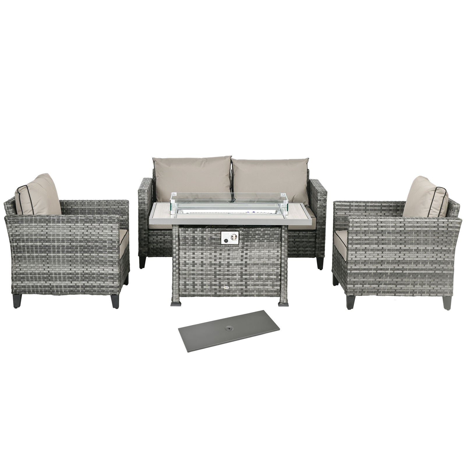 Rattan Garden Furniture Set W/ Gas Fire Pit Table, Cushion | Gray
