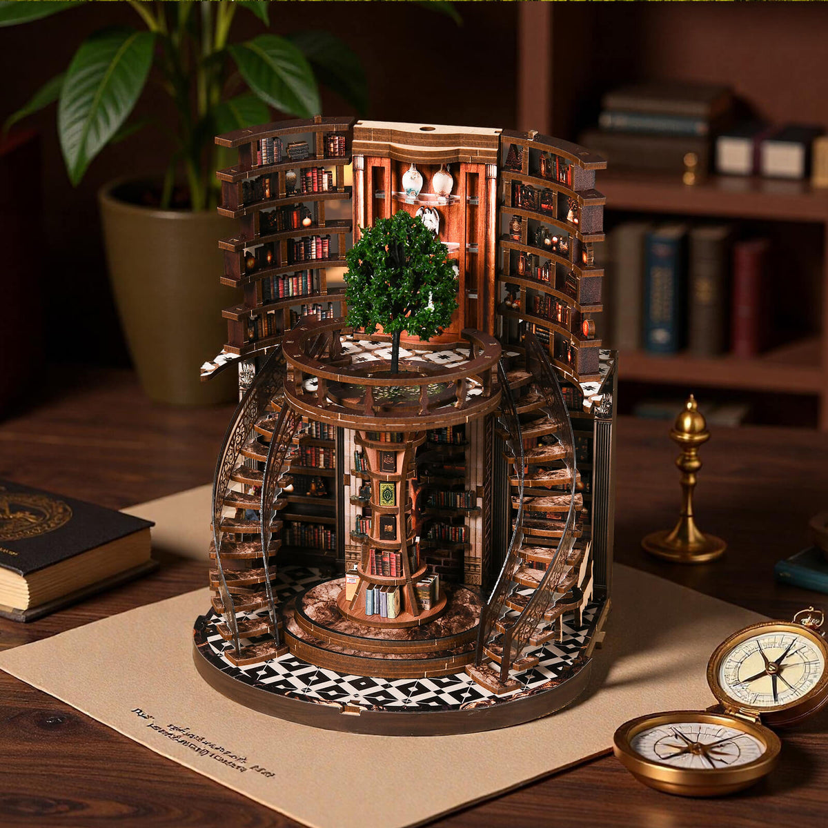 Book Nook Kit For Adults Library Diorama With Led, Shelf Decor, Walnut