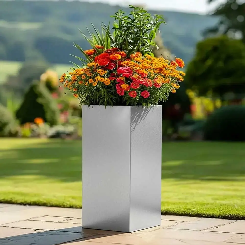 Zinc Galvanised Tall Square Planter | 32cm x 32cm x 75cm | Silver