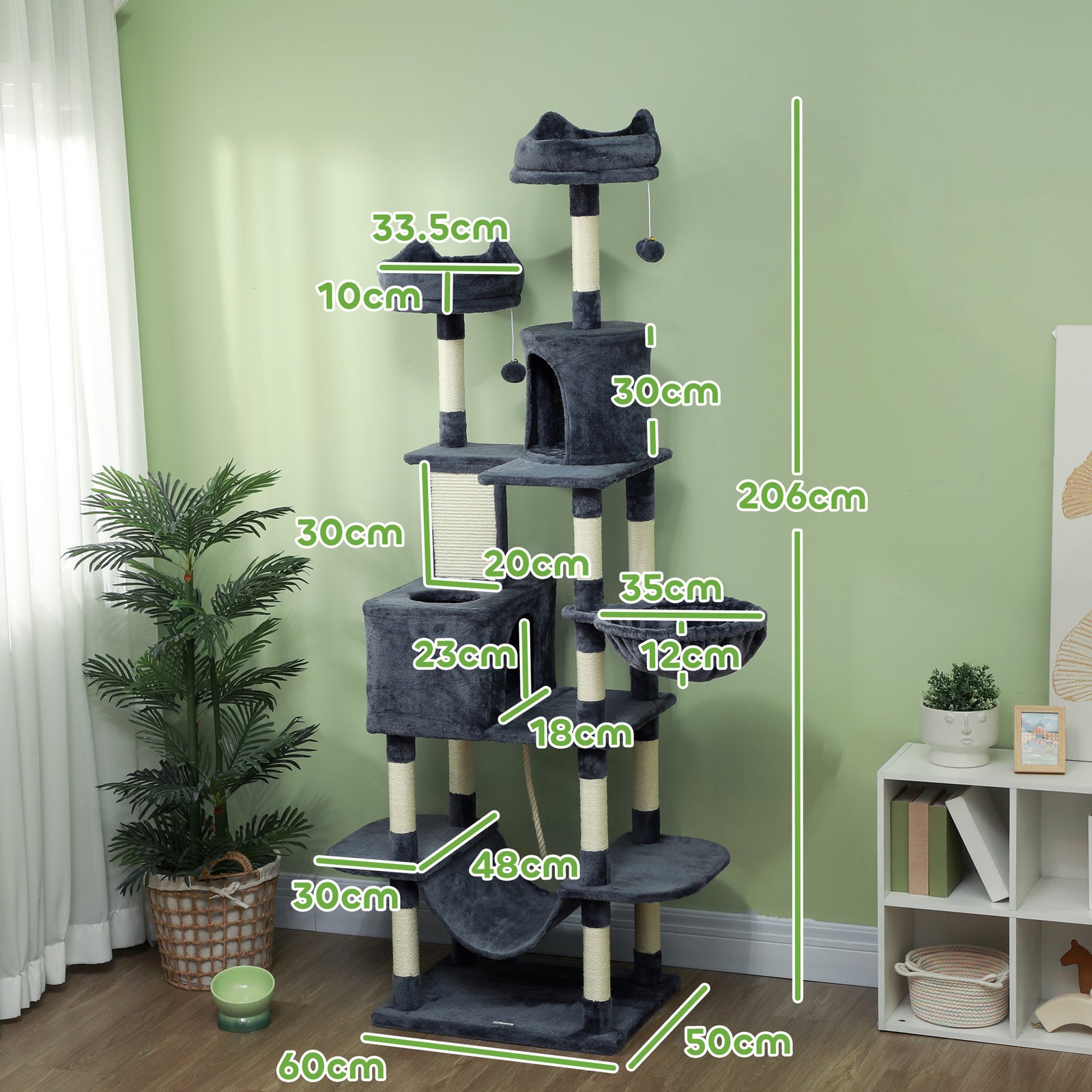 206cm Cat Tree With Scratching Posts, Beds, Condos, Toys, Dark Grey