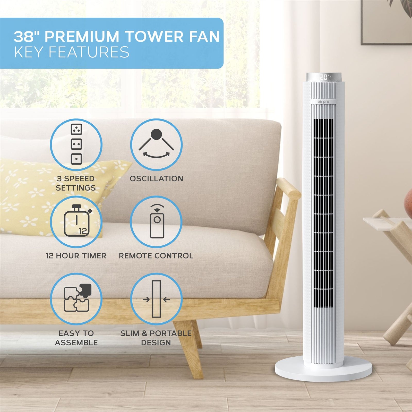 Smart Bladeless 38" Tower Fan 3 Speeds - Remote & Oscillation Feature | White