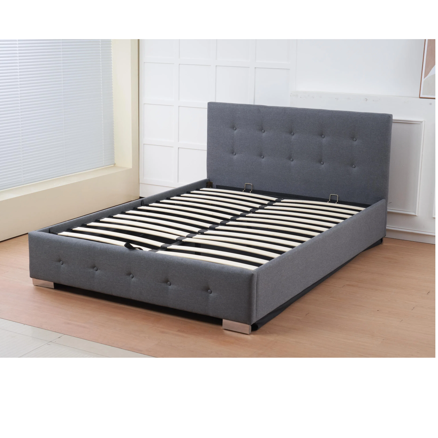 The Oslo Grey Linen Tufted Ottoman Bed Frame | Double | Grey