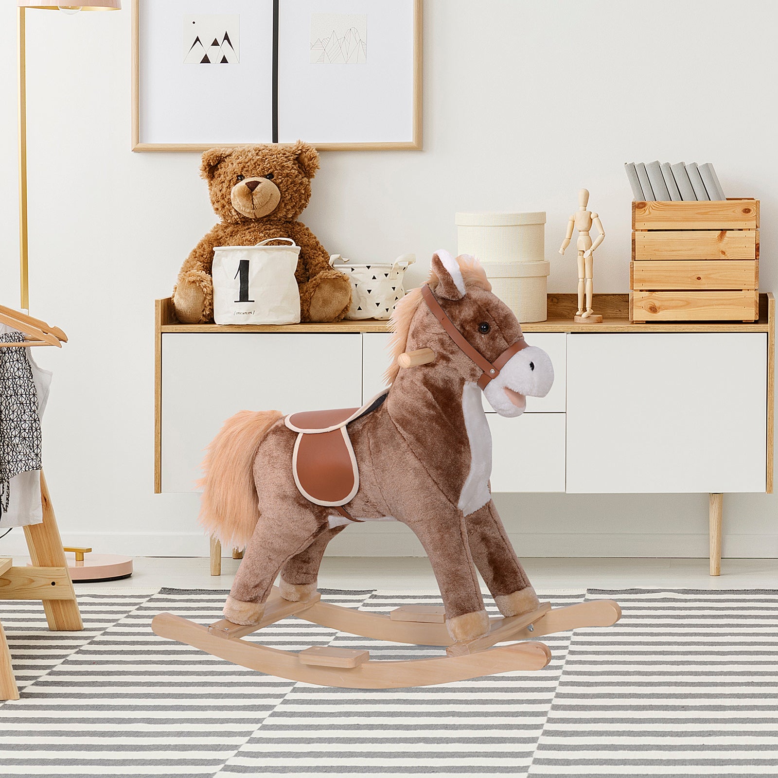 Kids Rocking Horse Wooden Plush Age 3+ Children Ride On Toy Rocker Baby