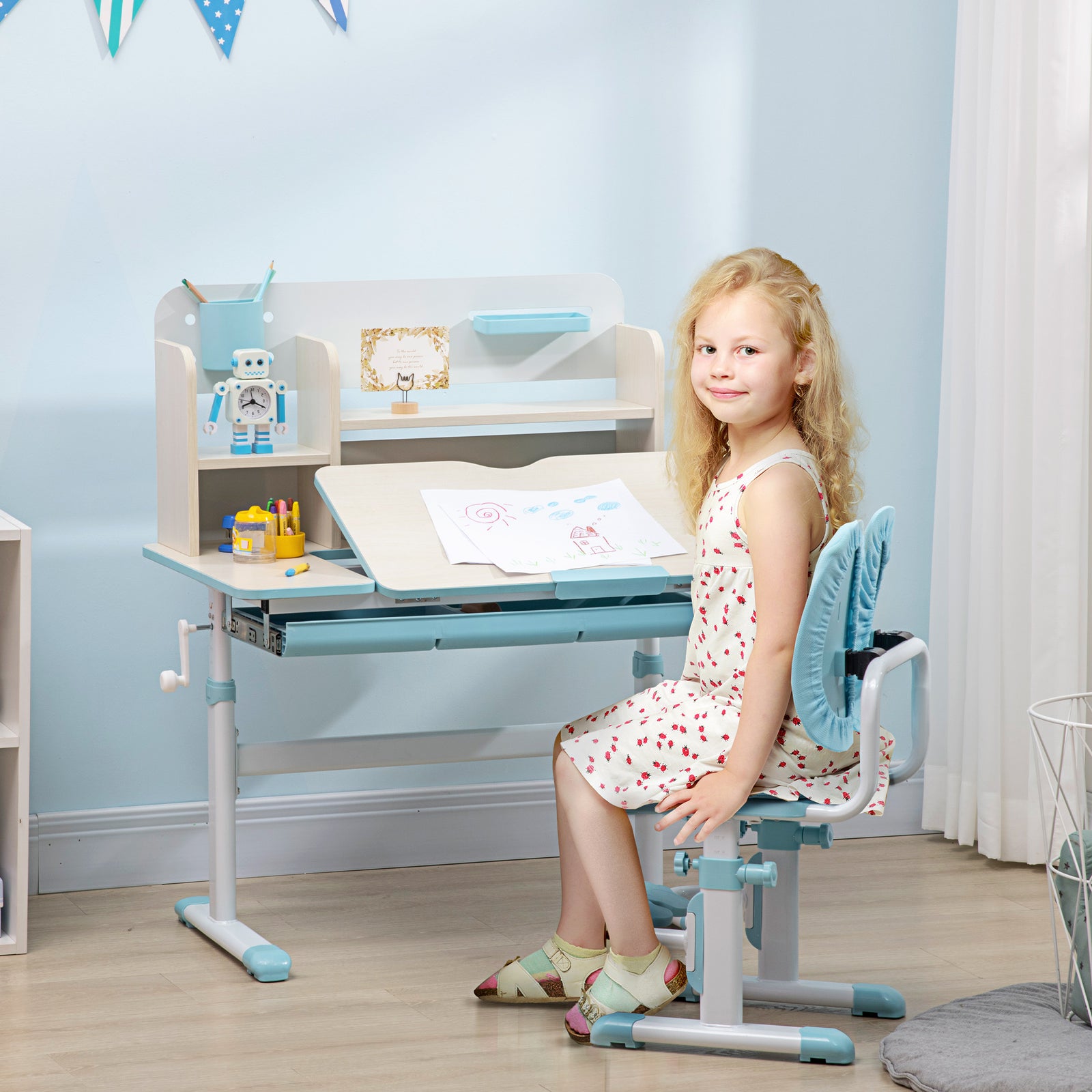 Kids Desk And Chair Set With Storage Shelves, Washable Cover | Blue