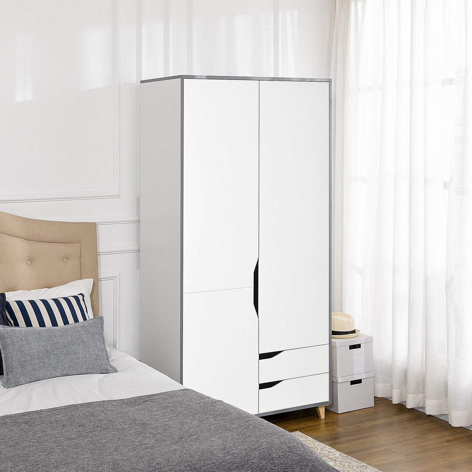 2 Door Wardrobe With Drawers Hanging Rail Shelves Bedroom | One Size | White