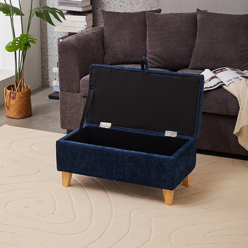 Chenille Upholstered Storage Ottoman Compact Footstool With Hidden Storage | Large | Blue