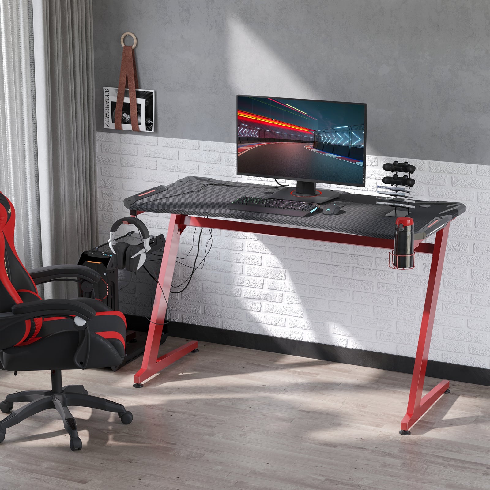 Gaming Desk With Gamepad Holder Headphone Hook | Black