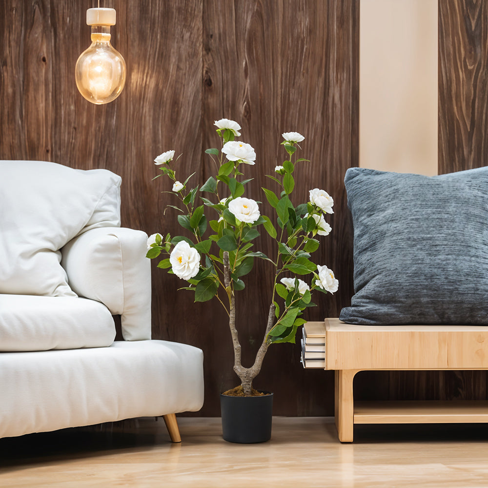 Artificial Camellia Plant Realistic Fake Tree Potted Home Office 90cm White