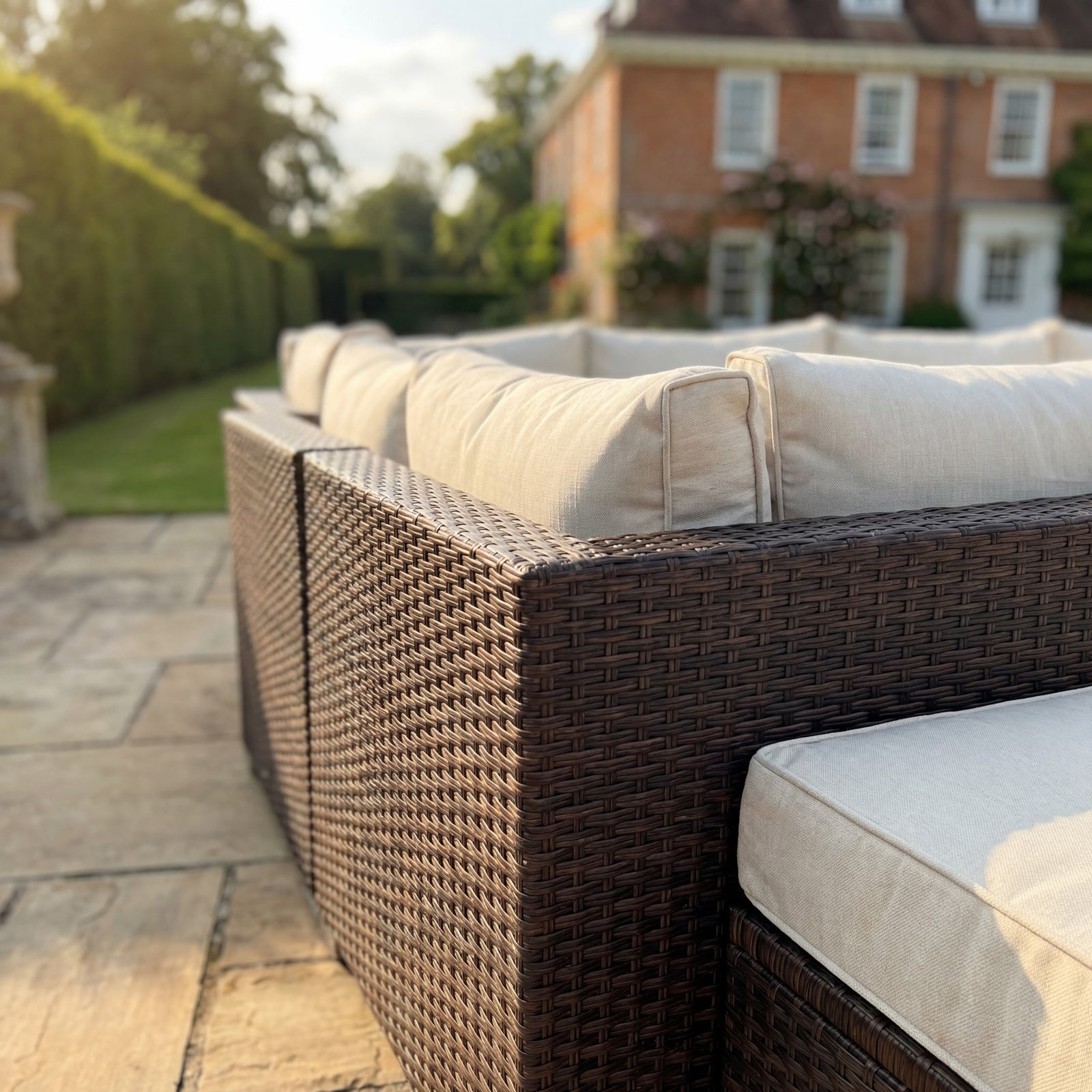 Oliena 10 Seat Modular Rattan Small U-shape Garden Furniture | Cream & Brown