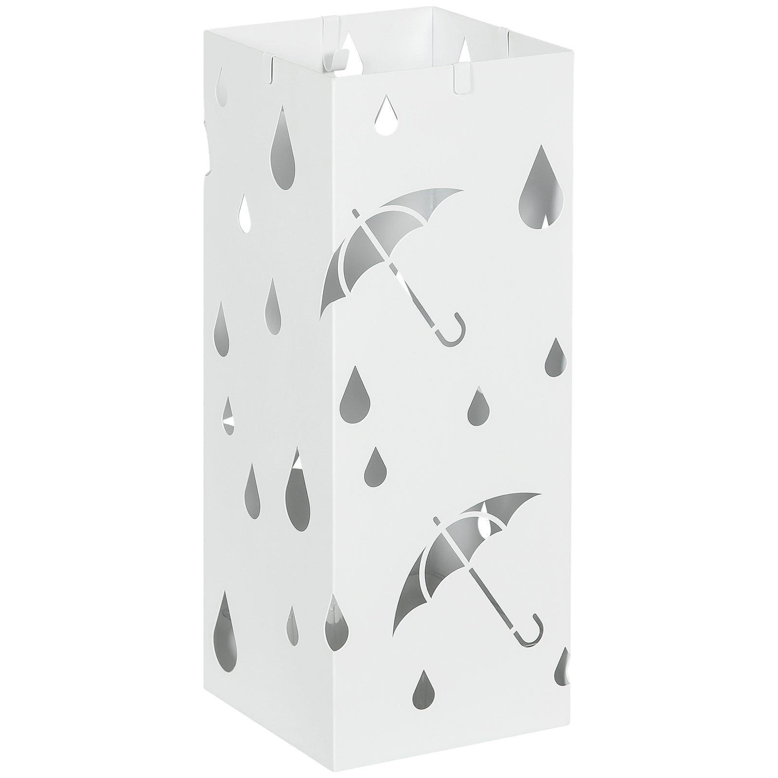 Metal Umbrella Stand, Square Umbrella Basket With 4 Hooks | One Size | White