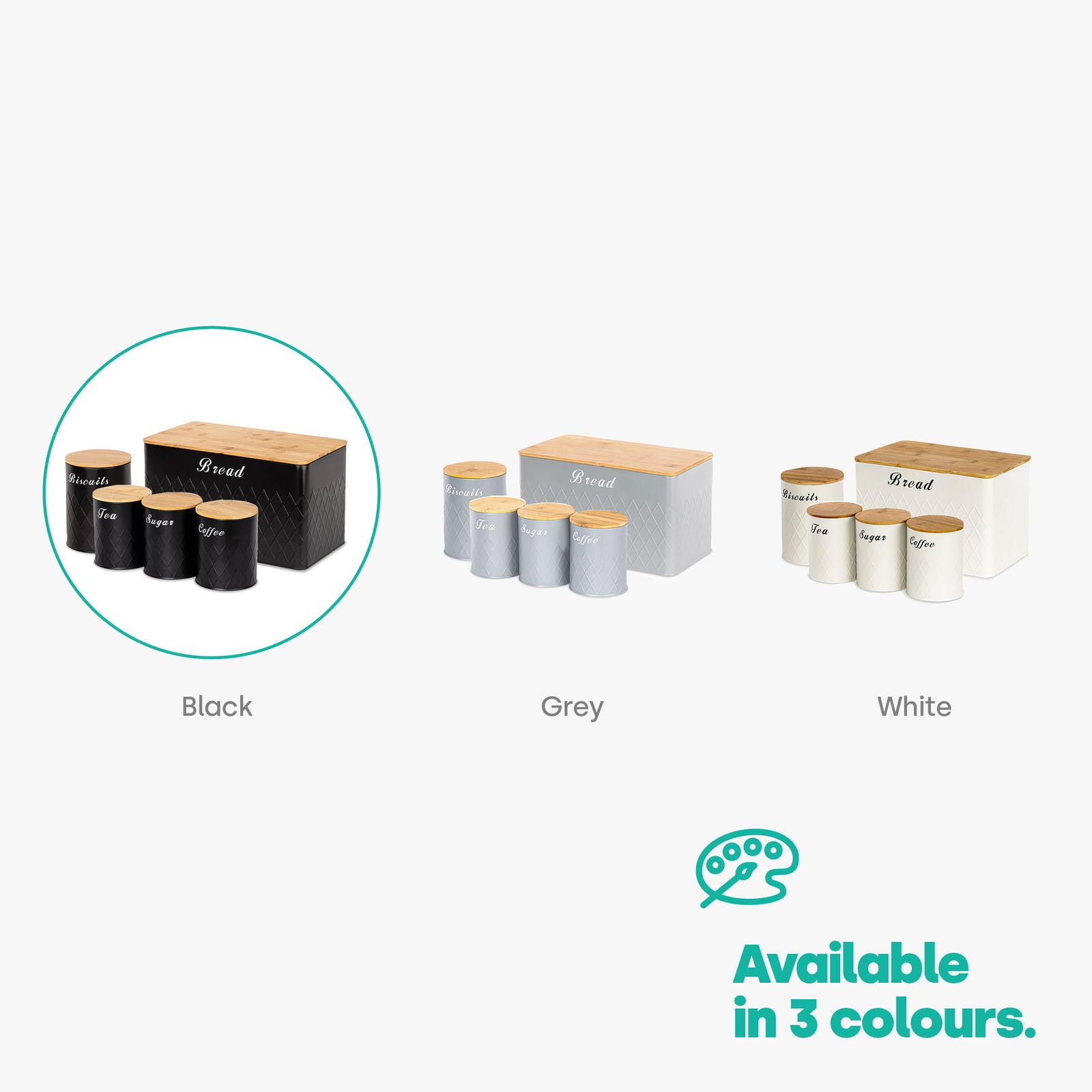 Matt Bread Bin & Canister Set - Black/bamboo