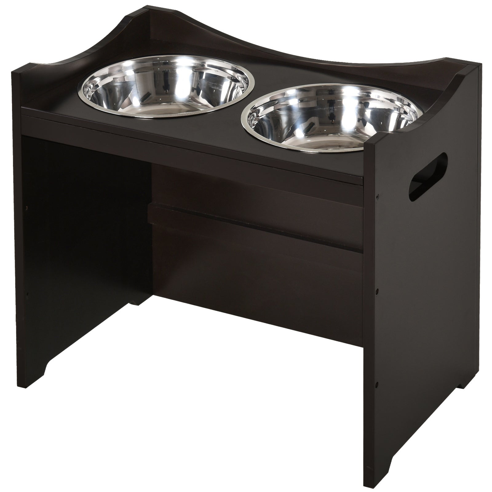 PawHut Raised Dog Bowls Duo Pet Feeder W/ Steel Bowls Adjustable Shelf Brown