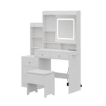 Dressing Table And Stool Set With Led Mirror And Built-in Electrical Outlet
