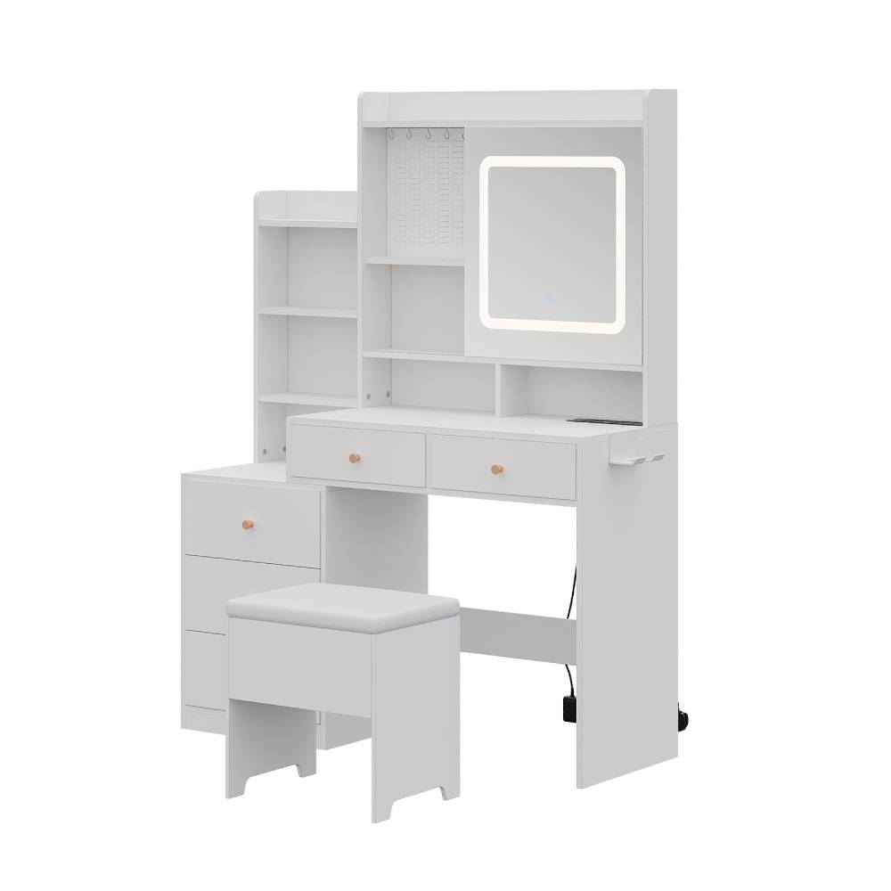 Dressing Table And Stool Set With Led Mirror And Built-in Electrical Outlet