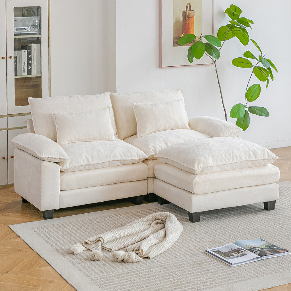 Chenille Sectional Sofa With Ottoman And Lumbar Pillows | White