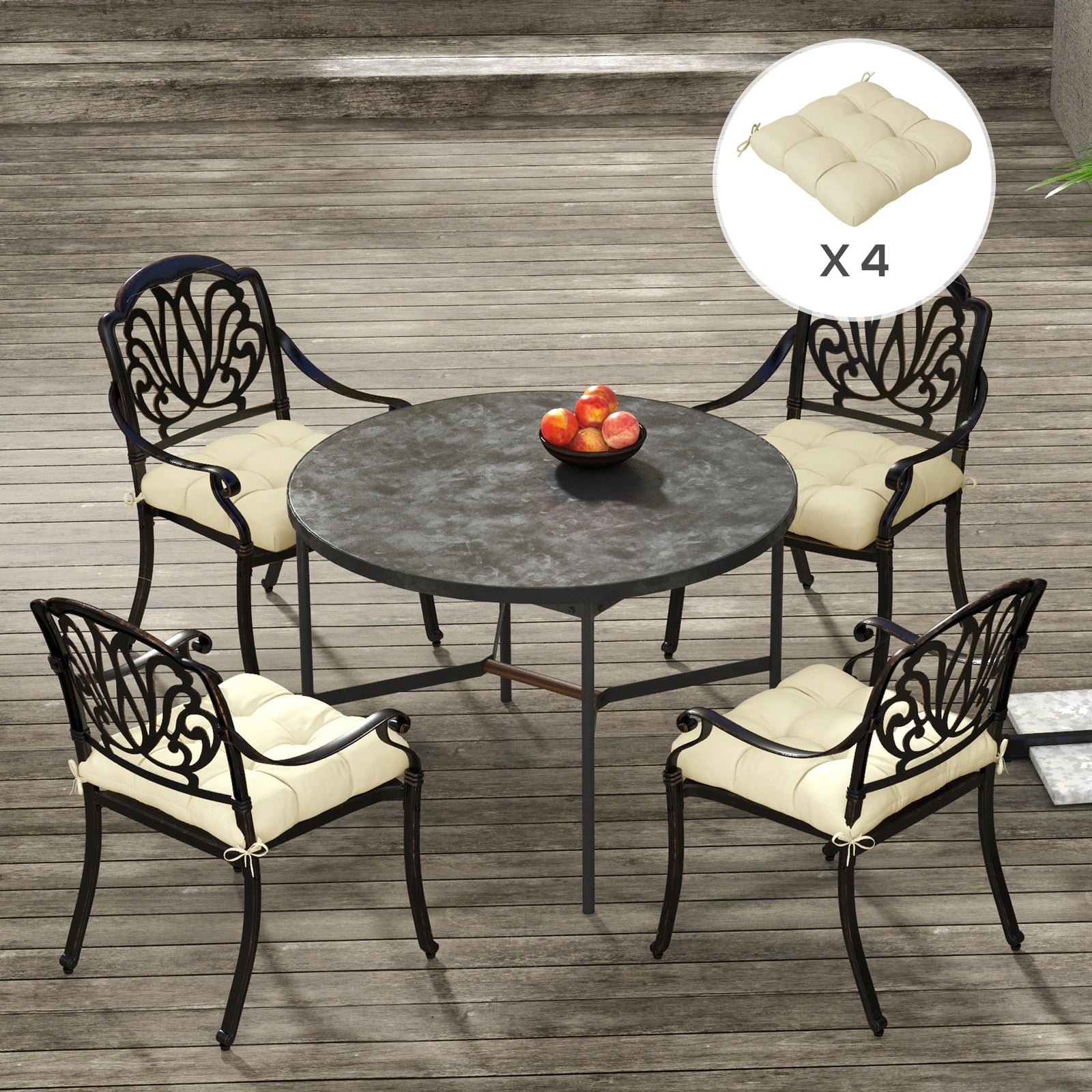 Set Of 4 Outdoor Seat Cushion W/ Ties, For Garden Furniture | Beige