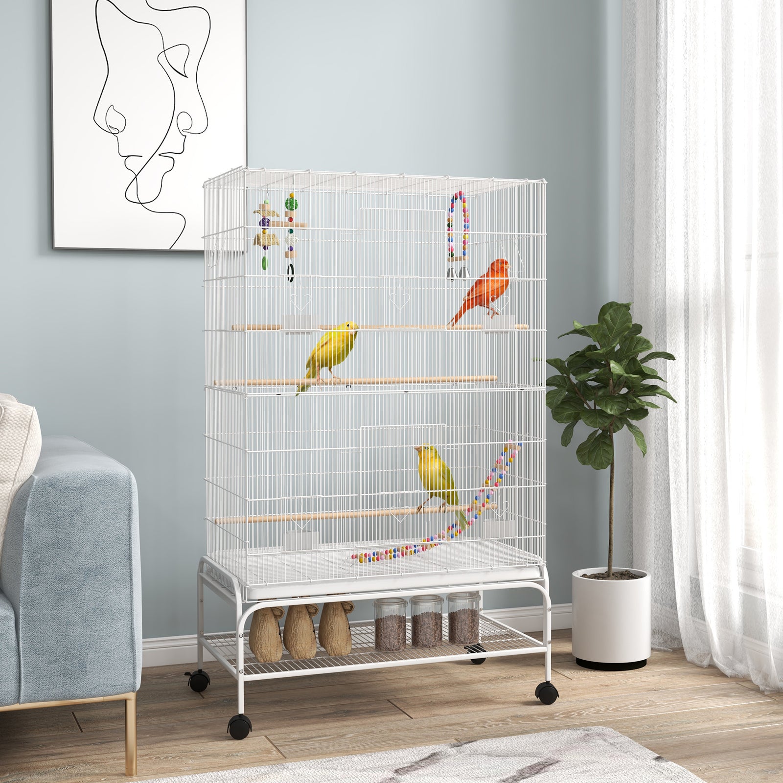 Bird Cage, With Stand, Wheels, Toys, For Budgies, Finches, Parakeets | White