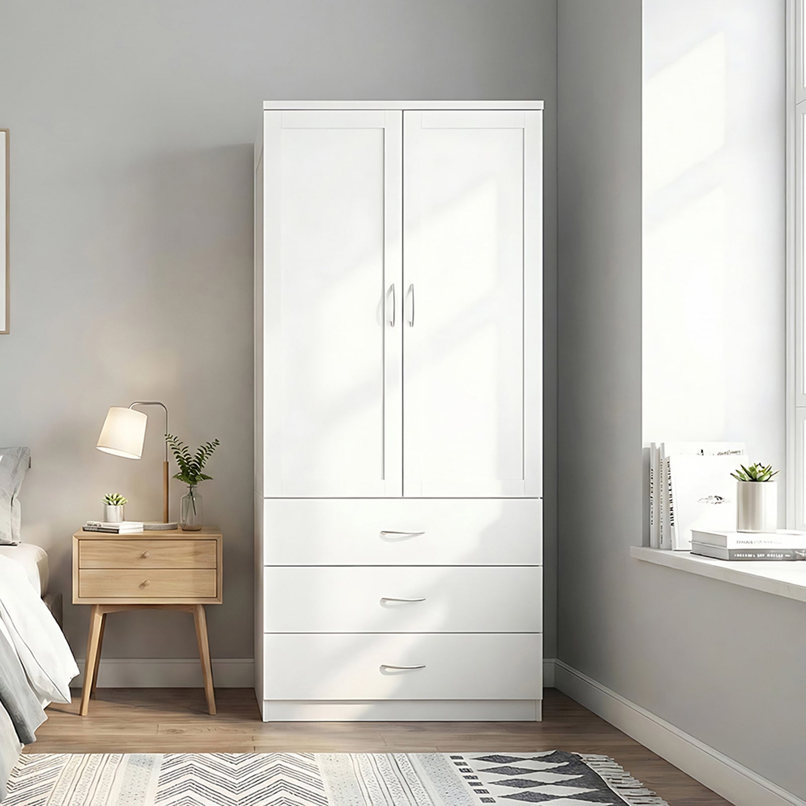 2-door Wardrobe With 3 Drawers & Hanging Rail | White