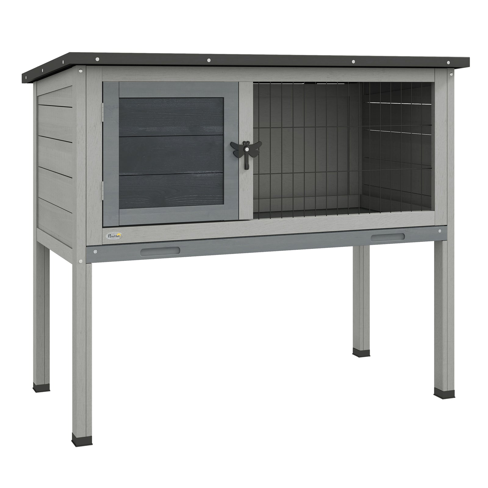 Large Elevated Indoor Outdoor Wooden Rabbit Hutch W/ Asphalt Roof, Tray | Gray