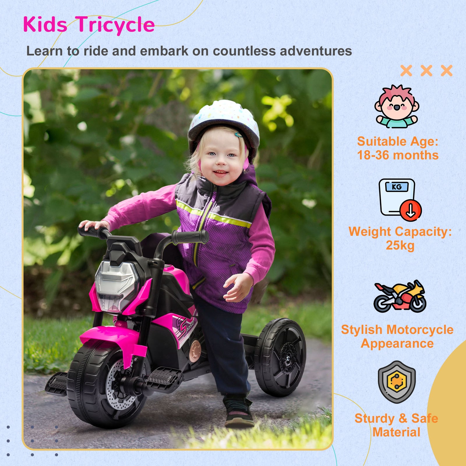 3 In 1 Baby Trike With Headlights, Music, Horn | Pink