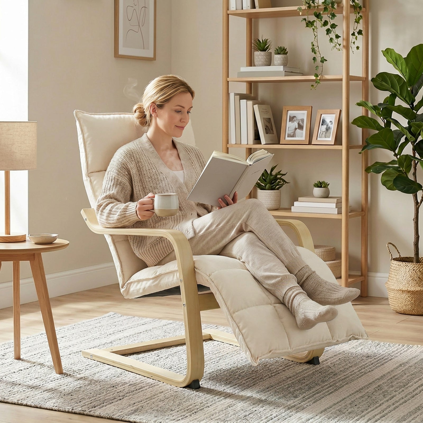 Accent Chair, Leisure Lounge Chair Armchair With Footrest | Cream