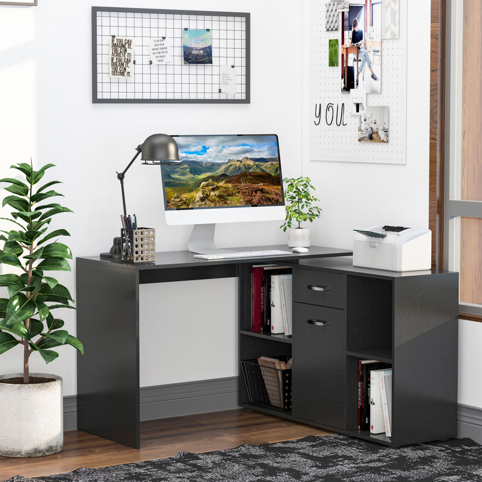 Dual Use Adjustable Large L Shaped Computer Desk Laptop | Black