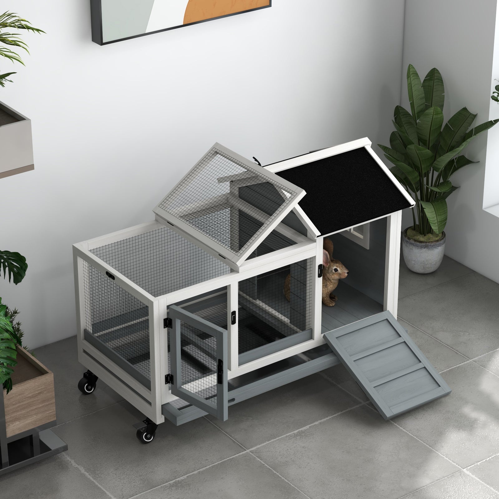 Wooden Rabbit Hutch, Small Animal  House W/ Wheels, Removable Tray | Gray